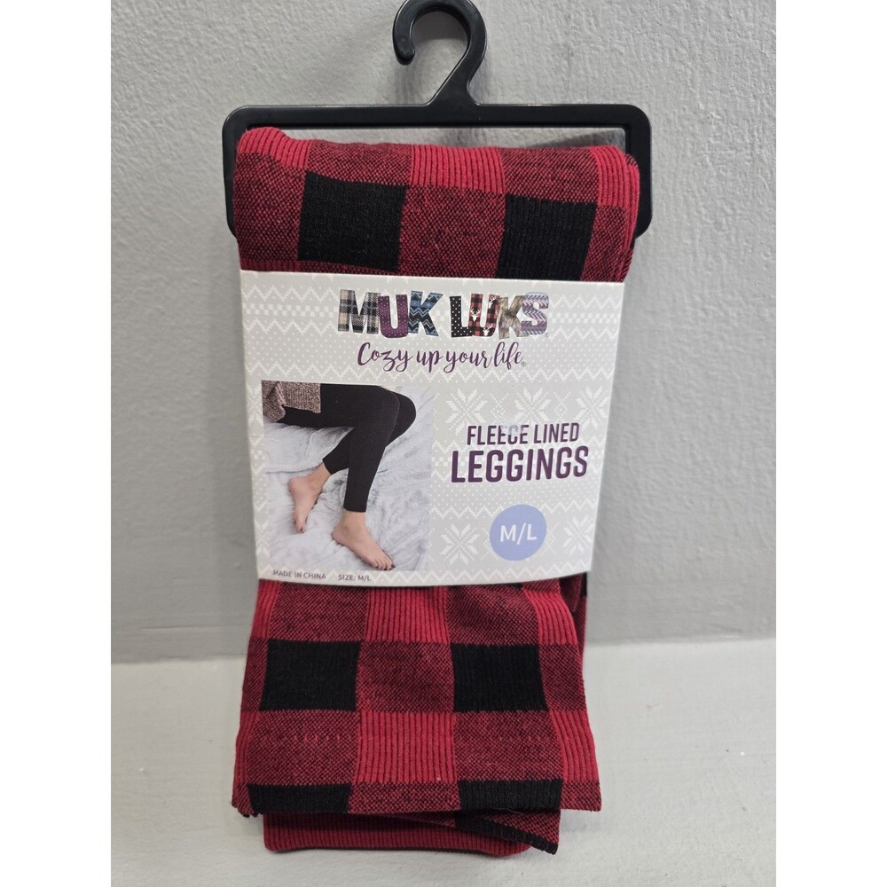 Buffalo Plaid Leggings New Muk Luks Fleece Lined Black Red Size M/L Cozy Pants